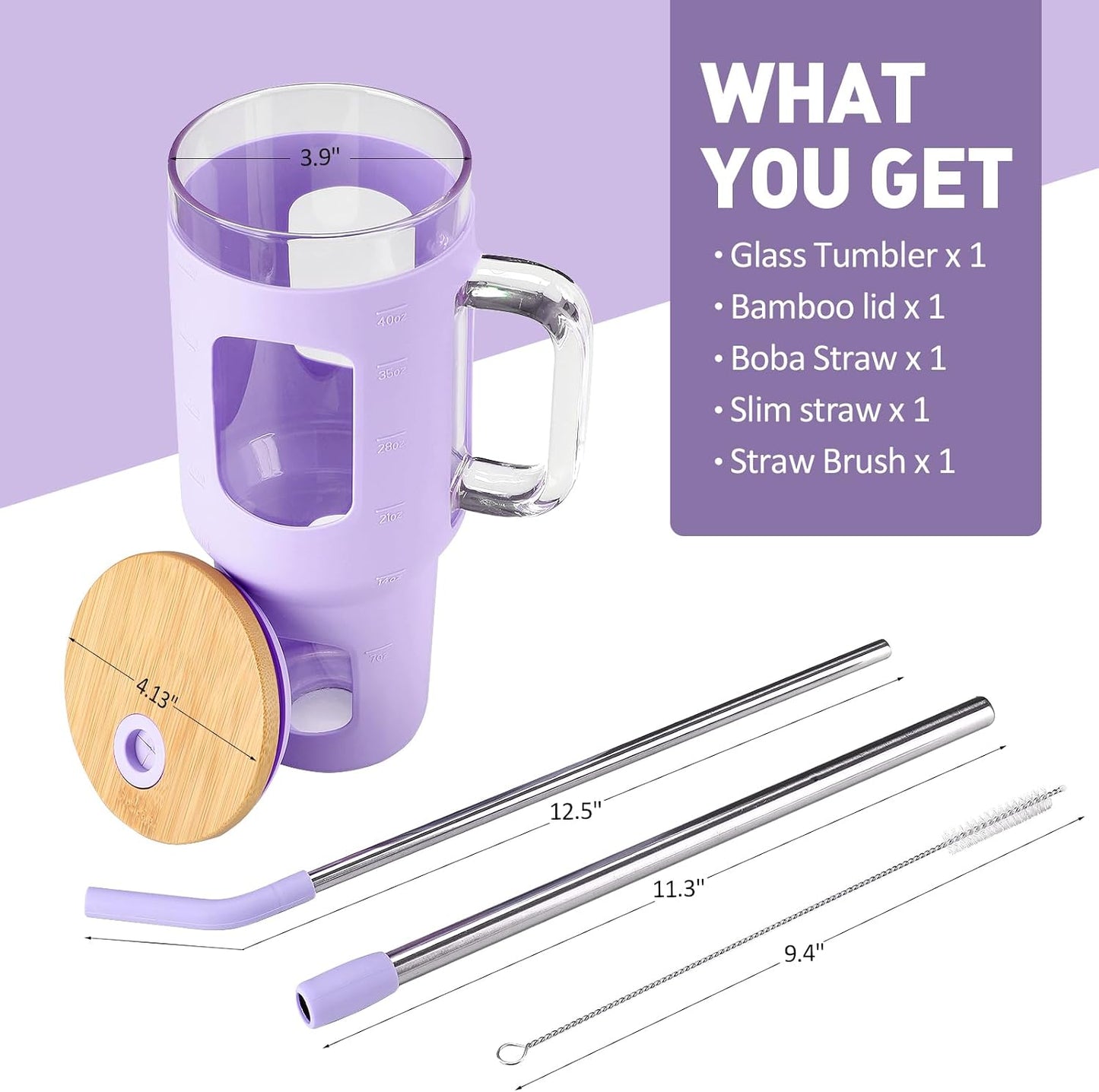 Glass Tumbler with Lid, 32 oz Glass Cup with Handle, Glass Water Bottles with Time Marker, 2 Straws - Pearl Straw & Silicone Protective Sleeve - Olive