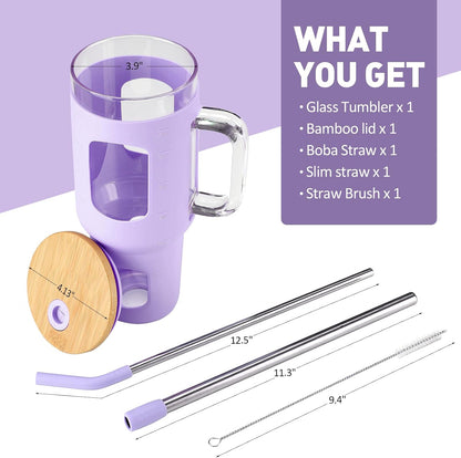 Glass Tumbler with Lid, 32 oz Glass Cup with Handle, Glass Water Bottles with Time Marker, 2 Straws - Pearl Straw & Silicone Protective Sleeve - Olive