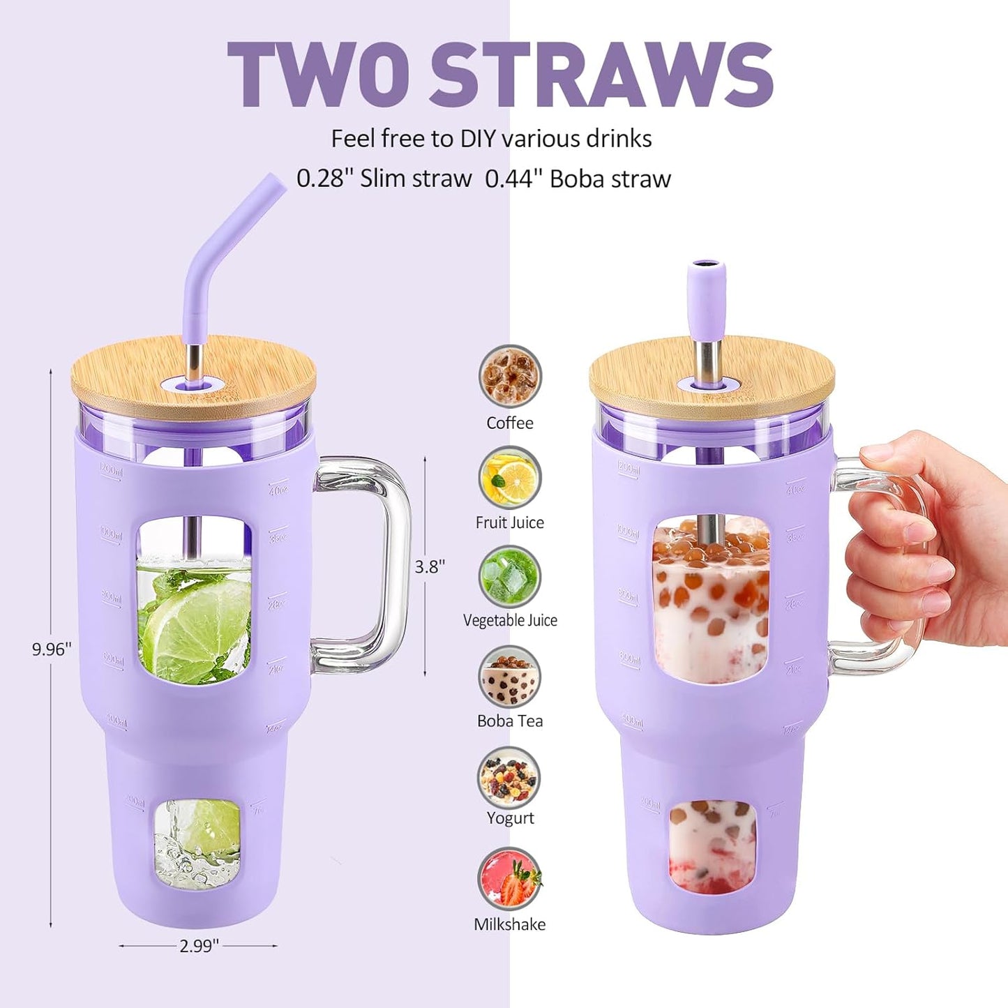 Glass Tumbler with Lid, 32 oz Glass Cup with Handle, Glass Water Bottles with Time Marker, 2 Straws - Pearl Straw & Silicone Protective Sleeve - Olive