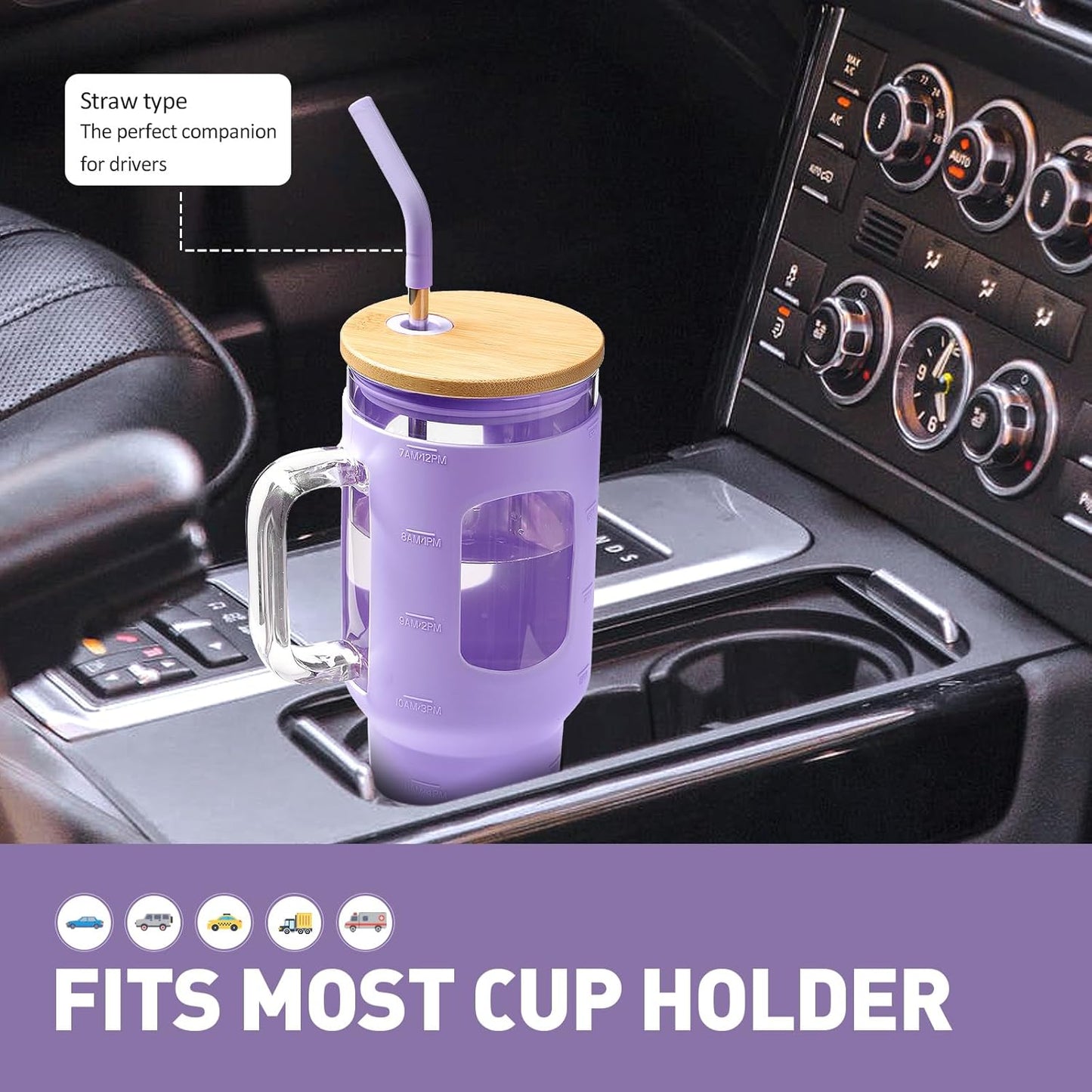 Glass Tumbler with Lid, 32 oz Glass Cup with Handle, Glass Water Bottles with Time Marker, 2 Straws - Pearl Straw & Silicone Protective Sleeve - Olive