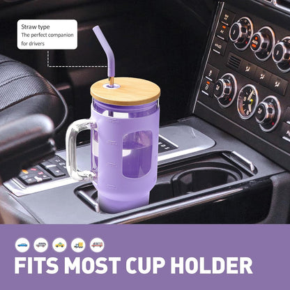 Glass Tumbler with Lid, 32 oz Glass Cup with Handle, Glass Water Bottles with Time Marker, 2 Straws - Pearl Straw & Silicone Protective Sleeve - Olive