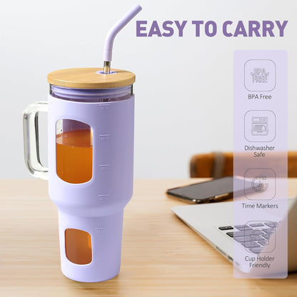 Glass Tumbler with Lid, 32 oz Glass Cup with Handle, Glass Water Bottles with Time Marker, 2 Straws - Pearl Straw & Silicone Protective Sleeve - Olive
