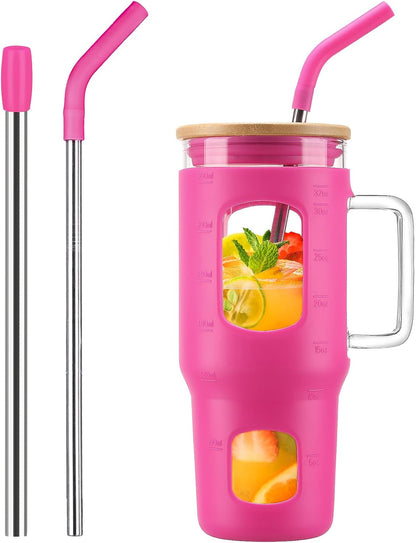 Glass Tumbler with Lid, 32 oz Glass Cup with Handle, Glass Water Bottles with Time Marker, 2 Straws - Pearl Straw & Silicone Protective Sleeve - Olive
