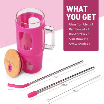 Glass Tumbler with Lid, 32 oz Glass Cup with Handle, Glass Water Bottles with Time Marker, 2 Straws - Pearl Straw & Silicone Protective Sleeve - Olive