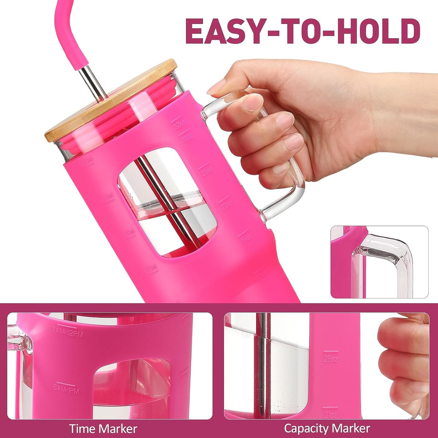 Glass Tumbler with Lid, 32 oz Glass Cup with Handle, Glass Water Bottles with Time Marker, 2 Straws - Pearl Straw & Silicone Protective Sleeve - Olive