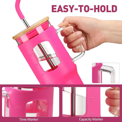 Glass Tumbler with Lid, 32 oz Glass Cup with Handle, Glass Water Bottles with Time Marker, 2 Straws - Pearl Straw & Silicone Protective Sleeve - Olive