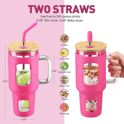 Glass Tumbler with Lid, 32 oz Glass Cup with Handle, Glass Water Bottles with Time Marker, 2 Straws - Pearl Straw & Silicone Protective Sleeve - Olive