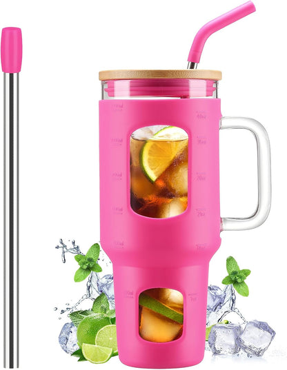 Glass Tumbler with Lid, 32 oz Glass Cup with Handle, Glass Water Bottles with Time Marker, 2 Straws - Pearl Straw & Silicone Protective Sleeve - Olive