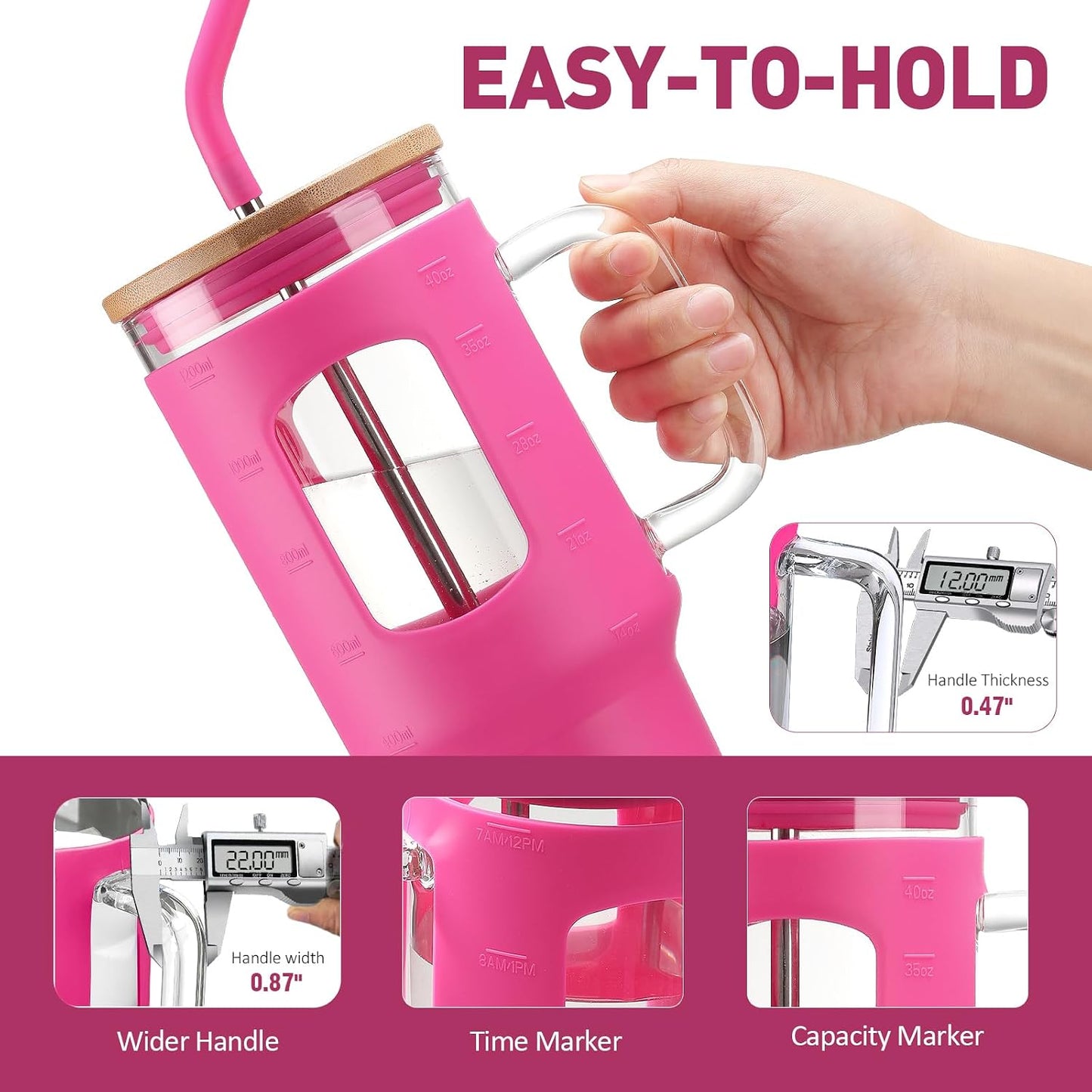 Glass Tumbler with Lid, 32 oz Glass Cup with Handle, Glass Water Bottles with Time Marker, 2 Straws - Pearl Straw & Silicone Protective Sleeve - Olive