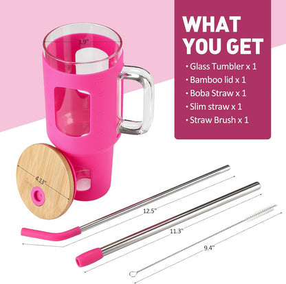 Glass Tumbler with Lid, 32 oz Glass Cup with Handle, Glass Water Bottles with Time Marker, 2 Straws - Pearl Straw & Silicone Protective Sleeve - Olive