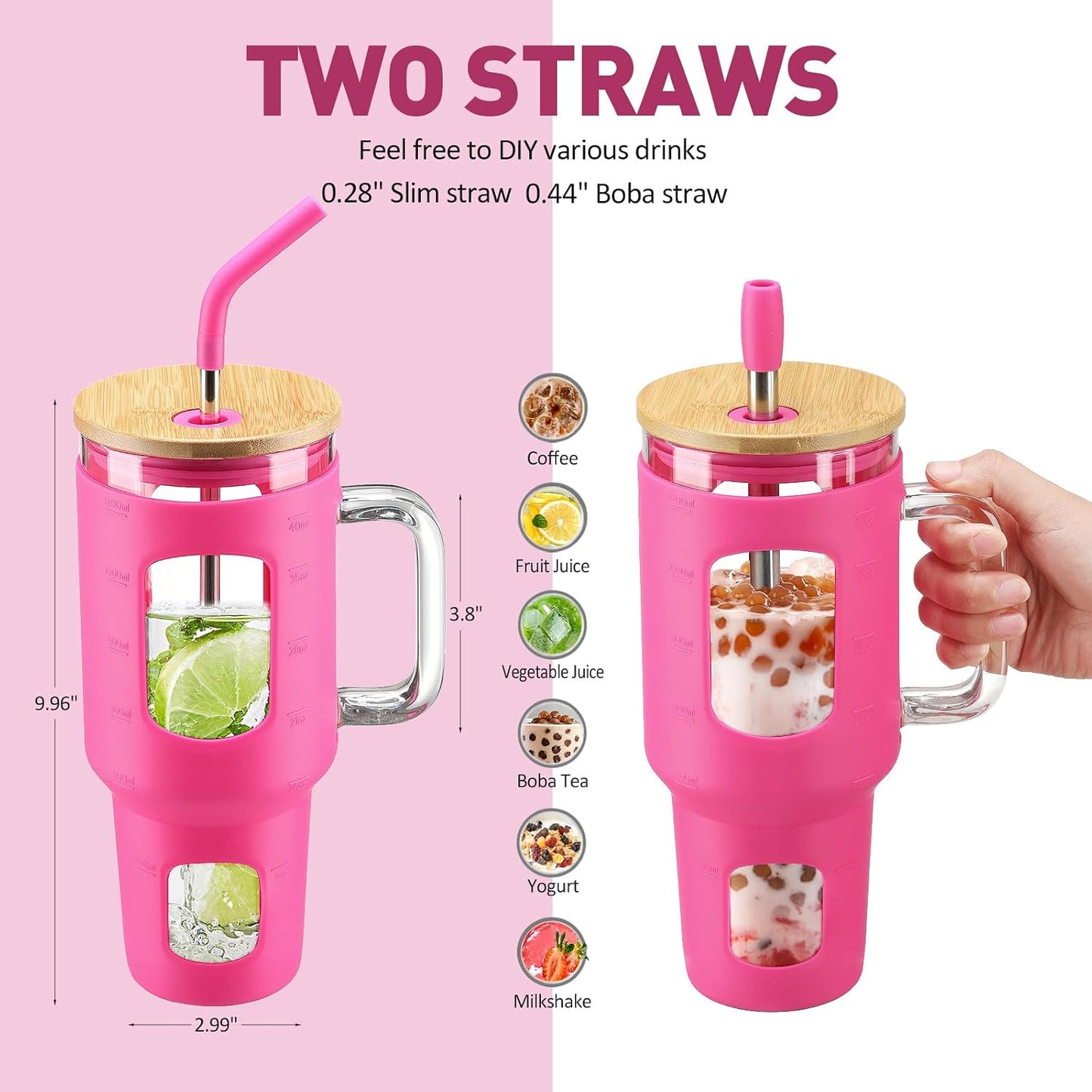 Glass Tumbler with Lid, 32 oz Glass Cup with Handle, Glass Water Bottles with Time Marker, 2 Straws - Pearl Straw & Silicone Protective Sleeve - Olive