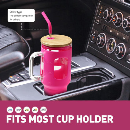 Glass Tumbler with Lid, 32 oz Glass Cup with Handle, Glass Water Bottles with Time Marker, 2 Straws - Pearl Straw & Silicone Protective Sleeve - Olive