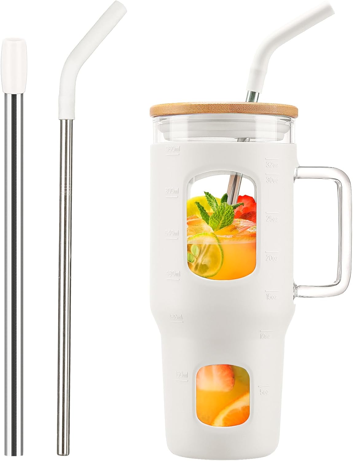 Glass Tumbler with Lid, 32 oz Glass Cup with Handle, Glass Water Bottles with Time Marker, 2 Straws - Pearl Straw & Silicone Protective Sleeve - Olive