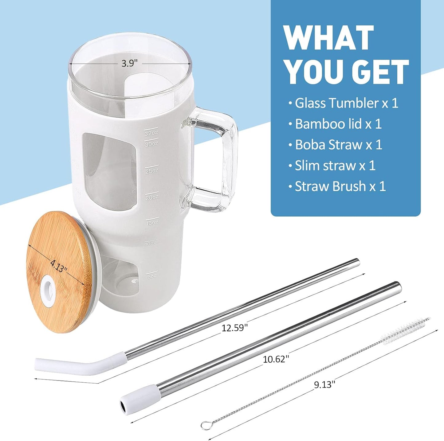 Glass Tumbler with Lid, 32 oz Glass Cup with Handle, Glass Water Bottles with Time Marker, 2 Straws - Pearl Straw & Silicone Protective Sleeve - Olive