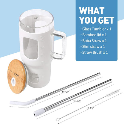 Glass Tumbler with Lid, 32 oz Glass Cup with Handle, Glass Water Bottles with Time Marker, 2 Straws - Pearl Straw & Silicone Protective Sleeve - Olive