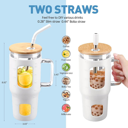 Glass Tumbler with Lid, 32 oz Glass Cup with Handle, Glass Water Bottles with Time Marker, 2 Straws - Pearl Straw & Silicone Protective Sleeve - Olive