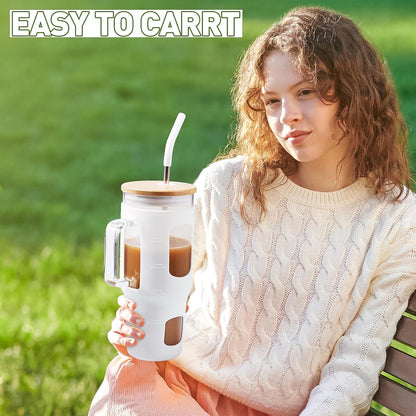 Glass Tumbler with Lid, 32 oz Glass Cup with Handle, Glass Water Bottles with Time Marker, 2 Straws - Pearl Straw & Silicone Protective Sleeve - Olive