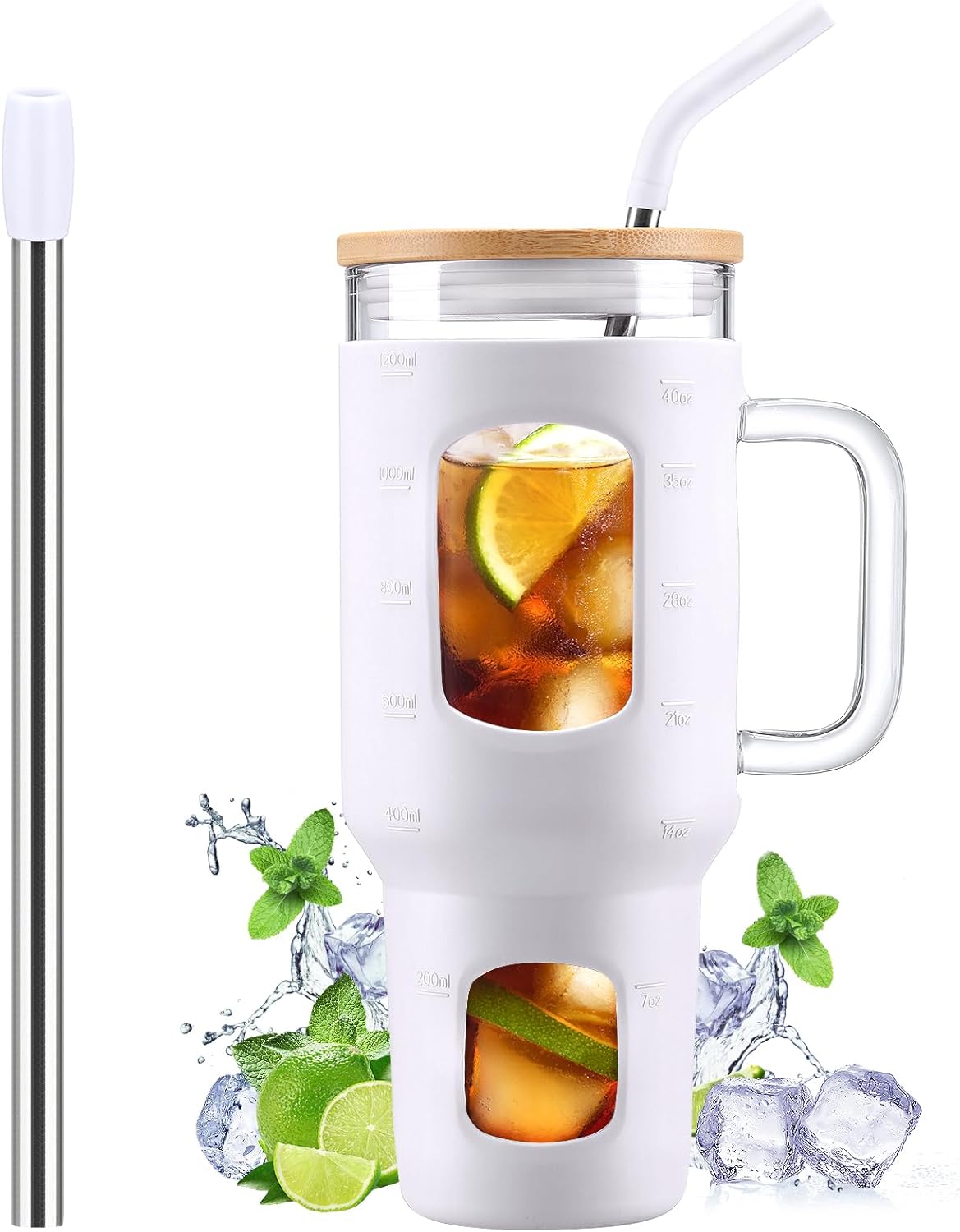 Glass Tumbler with Lid, 32 oz Glass Cup with Handle, Glass Water Bottles with Time Marker, 2 Straws - Pearl Straw & Silicone Protective Sleeve - Olive