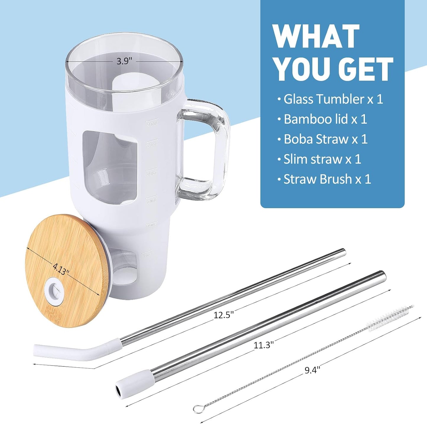 Glass Tumbler with Lid, 32 oz Glass Cup with Handle, Glass Water Bottles with Time Marker, 2 Straws - Pearl Straw & Silicone Protective Sleeve - Olive