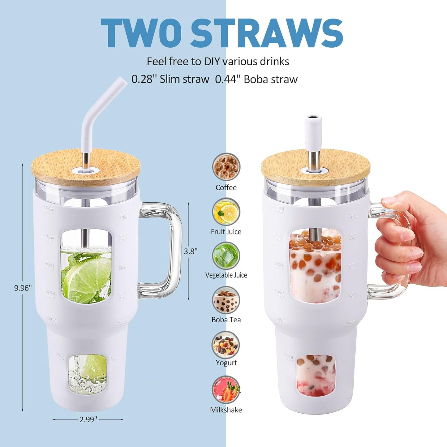 Glass Tumbler with Lid, 32 oz Glass Cup with Handle, Glass Water Bottles with Time Marker, 2 Straws - Pearl Straw & Silicone Protective Sleeve - Olive