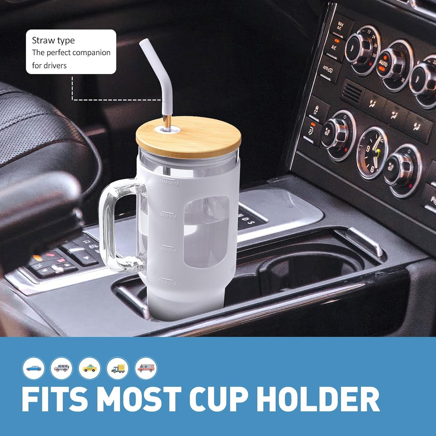 Glass Tumbler with Lid, 32 oz Glass Cup with Handle, Glass Water Bottles with Time Marker, 2 Straws - Pearl Straw & Silicone Protective Sleeve - Olive