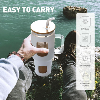 Glass Tumbler with Lid, 32 oz Glass Cup with Handle, Glass Water Bottles with Time Marker, 2 Straws - Pearl Straw & Silicone Protective Sleeve - Olive