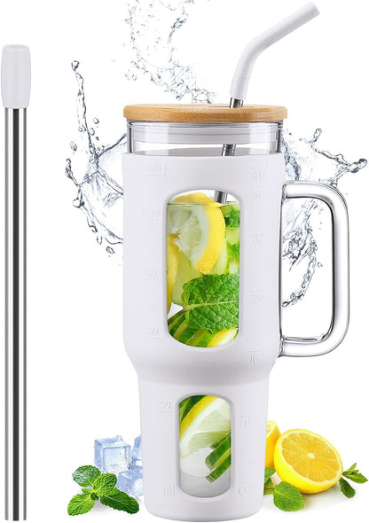 Glass Tumbler with Lid, 32 oz Glass Cup with Handle, Glass Water Bottles with Time Marker, 2 Straws - Pearl Straw & Silicone Protective Sleeve - Olive