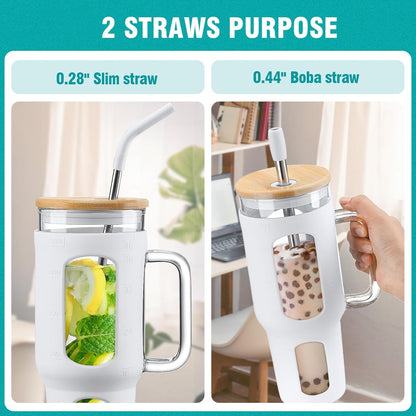 Glass Tumbler with Lid, 32 oz Glass Cup with Handle, Glass Water Bottles with Time Marker, 2 Straws - Pearl Straw & Silicone Protective Sleeve - Olive