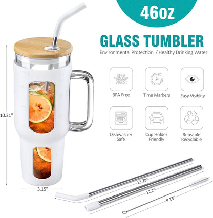 Glass Tumbler with Lid, 32 oz Glass Cup with Handle, Glass Water Bottles with Time Marker, 2 Straws - Pearl Straw & Silicone Protective Sleeve - Olive
