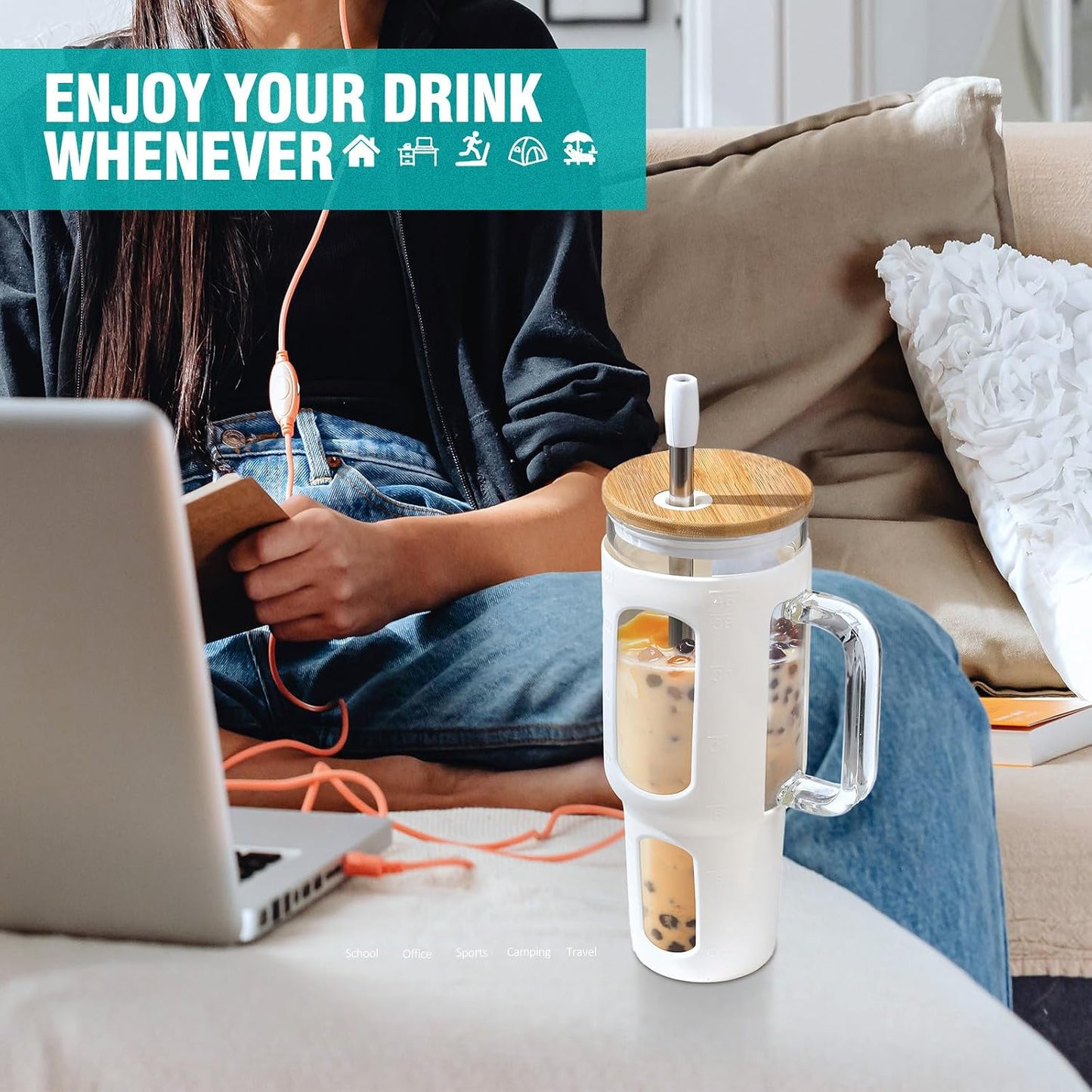Glass Tumbler with Lid, 32 oz Glass Cup with Handle, Glass Water Bottles with Time Marker, 2 Straws - Pearl Straw & Silicone Protective Sleeve - Olive