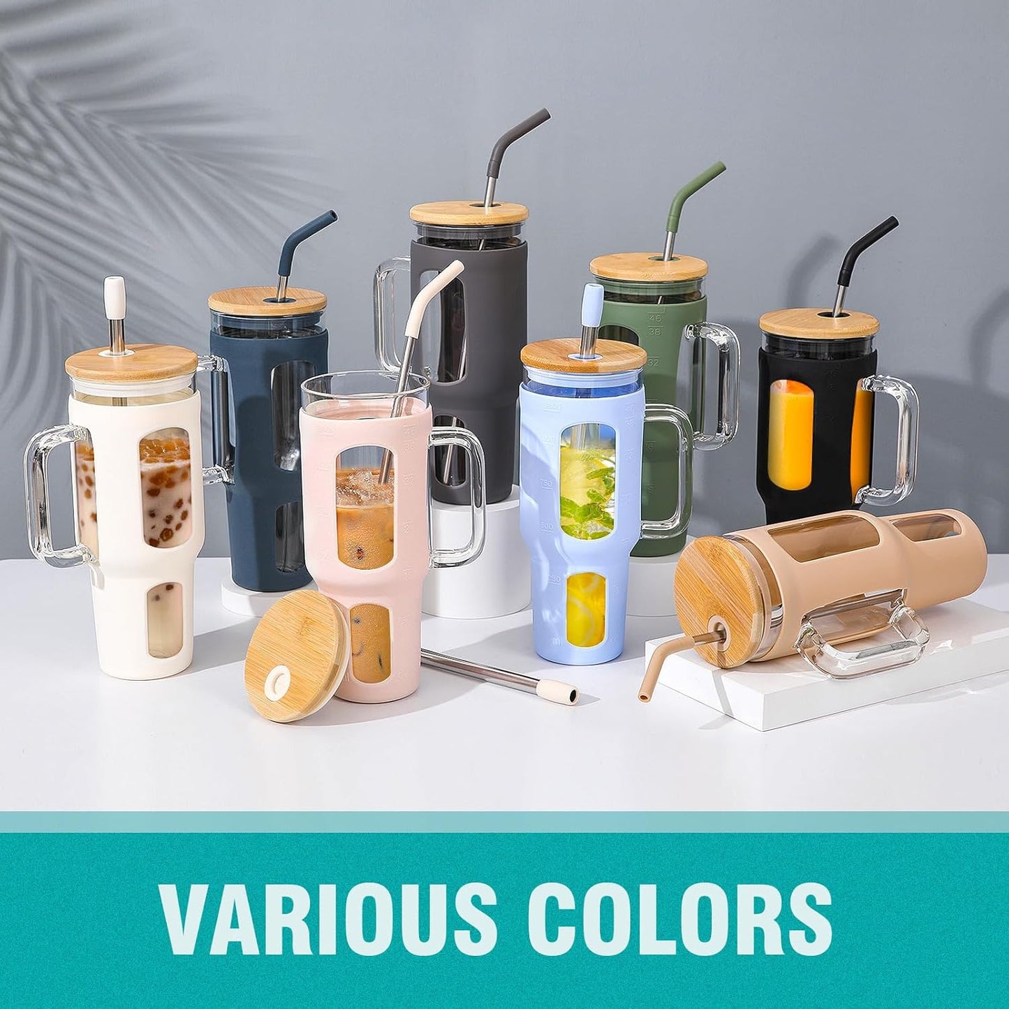 Glass Tumbler with Lid, 32 oz Glass Cup with Handle, Glass Water Bottles with Time Marker, 2 Straws - Pearl Straw & Silicone Protective Sleeve - Olive