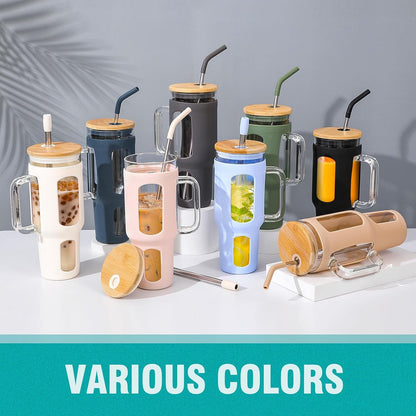Glass Tumbler with Lid, 32 oz Glass Cup with Handle, Glass Water Bottles with Time Marker, 2 Straws - Pearl Straw & Silicone Protective Sleeve - Olive