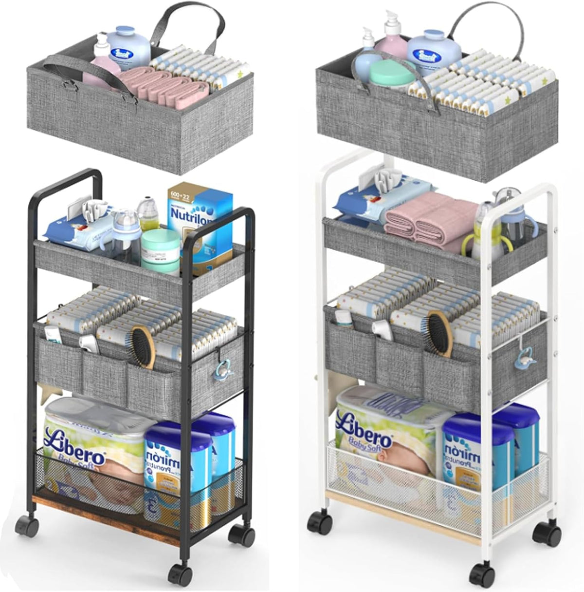 2In1 Baby Diaper Caddy & 3-Tier Rolling Diaper Cart, Diaper Caddy Organizer Cart with Dividers, Mobile Metal Utility Cart for Nursery Essentials, Detachable Bedside Cart, Large Capacity
