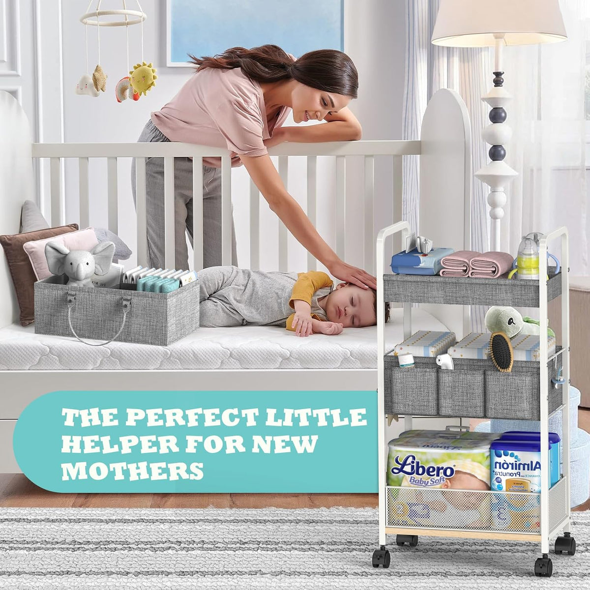 2In1 Baby Diaper Caddy & 3-Tier Rolling Diaper Cart, Diaper Caddy Organizer Cart with Dividers, Mobile Metal Utility Cart for Nursery Essentials, Detachable Bedside Cart, Large Capacity