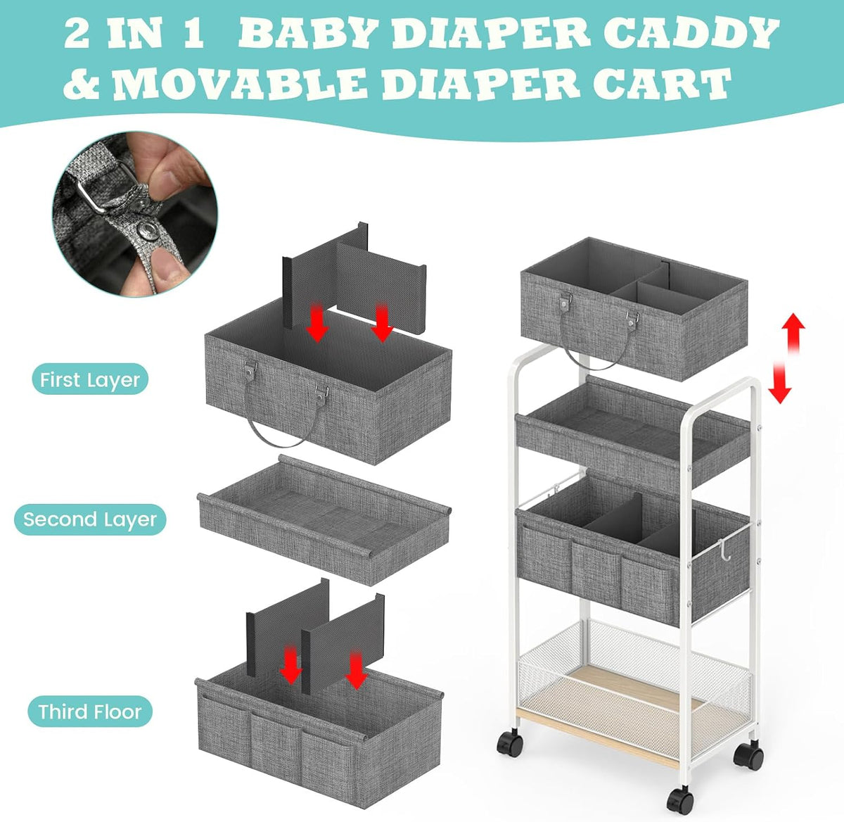 2In1 Baby Diaper Caddy & 3-Tier Rolling Diaper Cart, Diaper Caddy Organizer Cart with Dividers, Mobile Metal Utility Cart for Nursery Essentials, Detachable Bedside Cart, Large Capacity