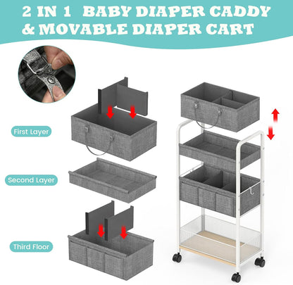 2In1 Baby Diaper Caddy & 3-Tier Rolling Diaper Cart, Diaper Caddy Organizer Cart with Dividers, Mobile Metal Utility Cart for Nursery Essentials, Detachable Bedside Cart, Large Capacity