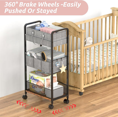 2In1 Baby Diaper Caddy & 3-Tier Rolling Diaper Cart, Diaper Caddy Organizer Cart with Dividers, Mobile Metal Utility Cart for Nursery Essentials, Detachable Bedside Cart, Large Capacity