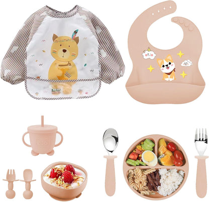 9PCS Silicone Feeding Set for Baby Led Weaning - Non Toxic Food Grade Suction Plates & Bowls, Soft Silicone Bibs with Pocket, Self Feeding Spoons & Utensils for 6-36 Months Infants Toddlers, Dishwashe