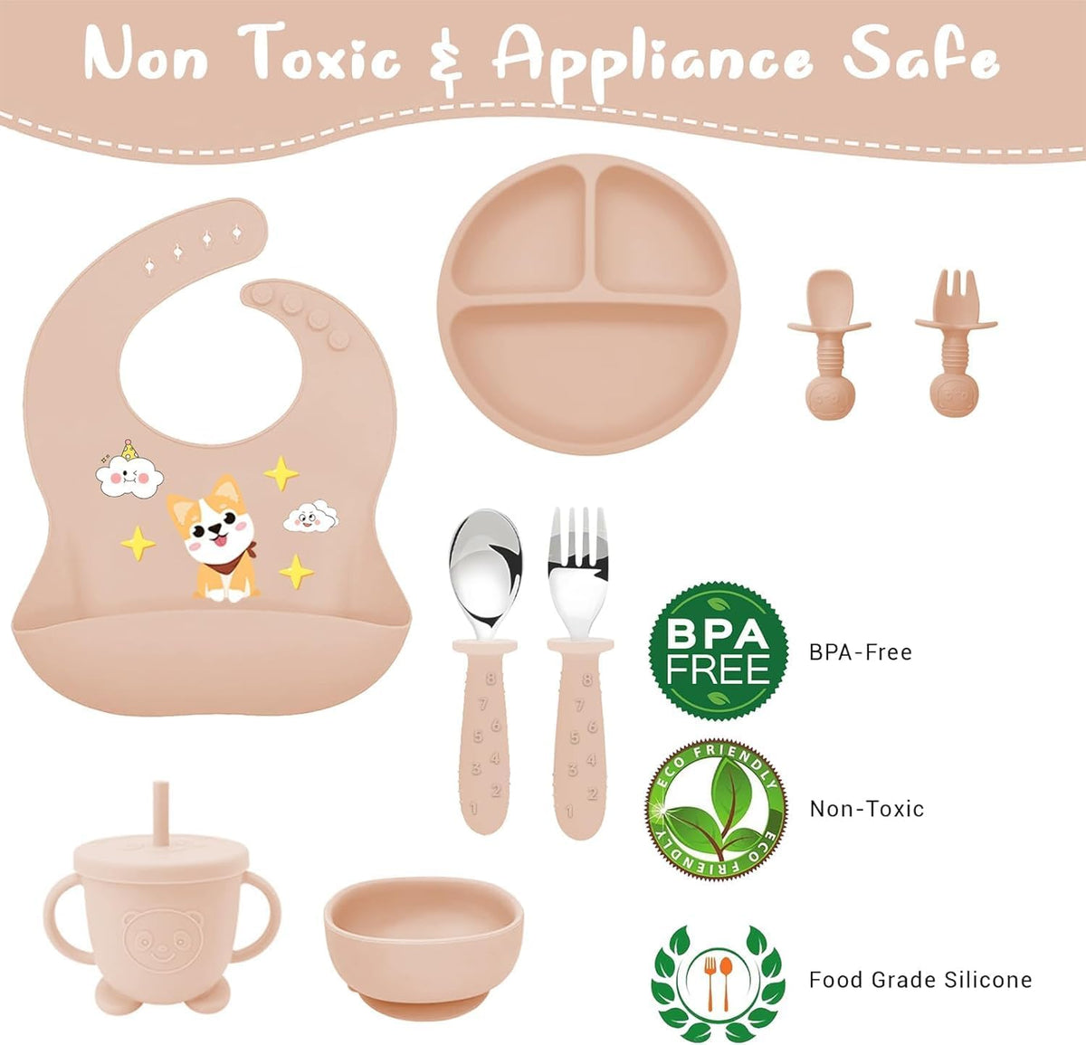 9PCS Silicone Feeding Set for Baby Led Weaning - Non Toxic Food Grade Suction Plates & Bowls, Soft Silicone Bibs with Pocket, Self Feeding Spoons & Utensils for 6-36 Months Infants Toddlers, Dishwashe
