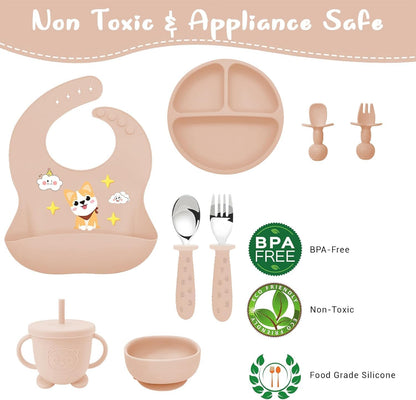 9PCS Silicone Feeding Set for Baby Led Weaning - Non Toxic Food Grade Suction Plates & Bowls, Soft Silicone Bibs with Pocket, Self Feeding Spoons & Utensils for 6-36 Months Infants Toddlers, Dishwashe