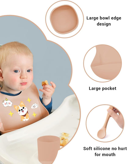 9PCS Silicone Feeding Set for Baby Led Weaning - Non Toxic Food Grade Suction Plates & Bowls, Soft Silicone Bibs with Pocket, Self Feeding Spoons & Utensils for 6-36 Months Infants Toddlers, Dishwashe