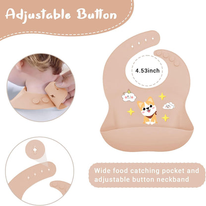 9PCS Silicone Feeding Set for Baby Led Weaning - Non Toxic Food Grade Suction Plates & Bowls, Soft Silicone Bibs with Pocket, Self Feeding Spoons & Utensils for 6-36 Months Infants Toddlers, Dishwashe