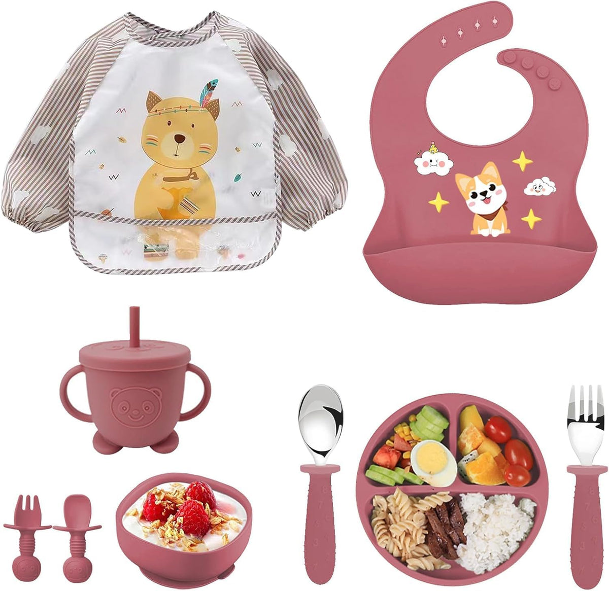 9PCS Silicone Feeding Set for Baby Led Weaning - Non Toxic Food Grade Suction Plates & Bowls, Soft Silicone Bibs with Pocket, Self Feeding Spoons & Utensils for 6-36 Months Infants Toddlers, Dishwashe