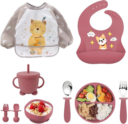 9PCS Silicone Feeding Set for Baby Led Weaning - Non Toxic Food Grade Suction Plates & Bowls, Soft Silicone Bibs with Pocket, Self Feeding Spoons & Utensils for 6-36 Months Infants Toddlers, Dishwashe