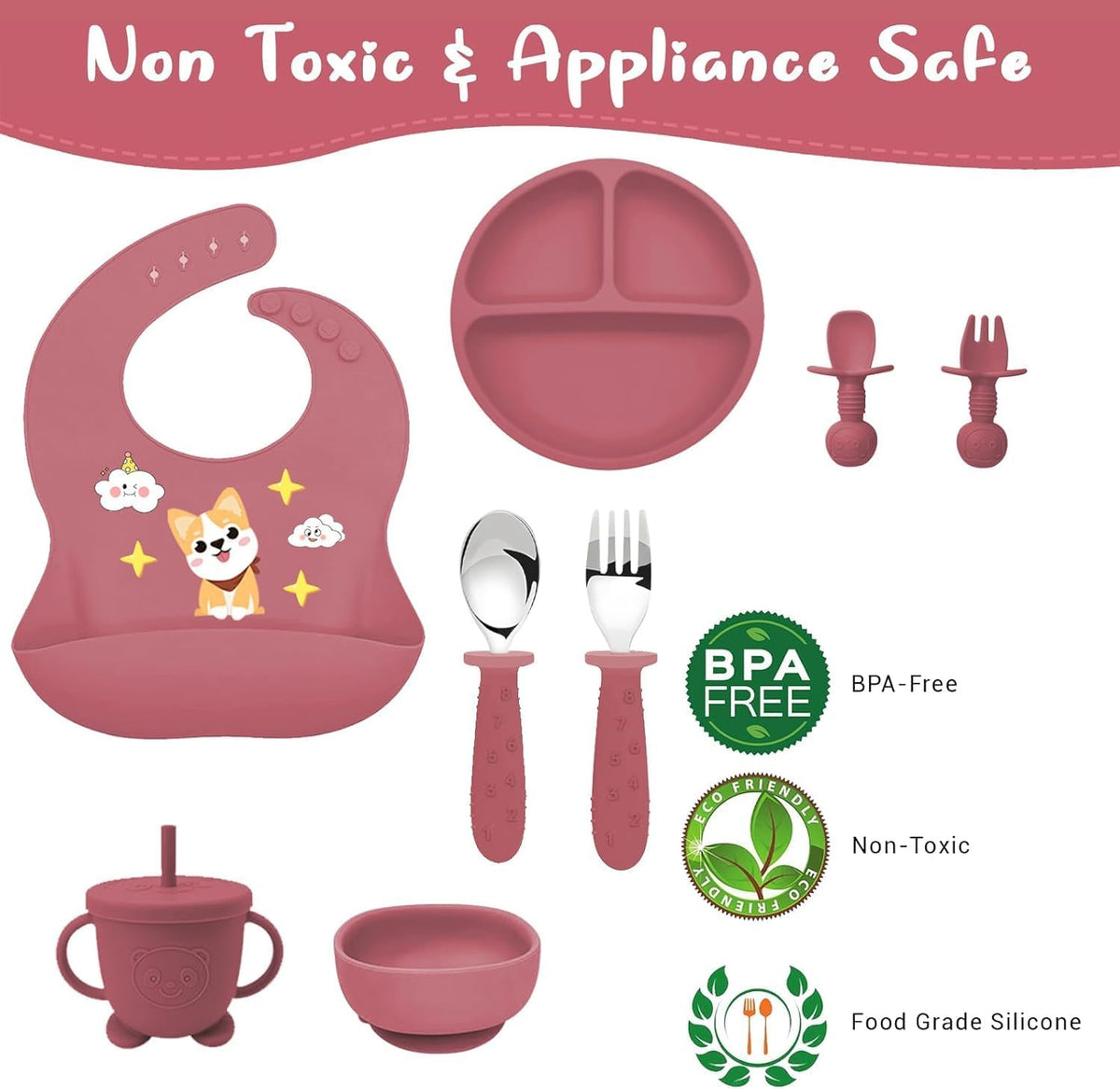 9PCS Silicone Feeding Set for Baby Led Weaning - Non Toxic Food Grade Suction Plates & Bowls, Soft Silicone Bibs with Pocket, Self Feeding Spoons & Utensils for 6-36 Months Infants Toddlers, Dishwashe