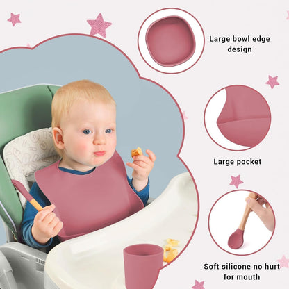 9PCS Silicone Feeding Set for Baby Led Weaning - Non Toxic Food Grade Suction Plates & Bowls, Soft Silicone Bibs with Pocket, Self Feeding Spoons & Utensils for 6-36 Months Infants Toddlers, Dishwashe