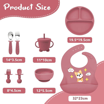 9PCS Silicone Feeding Set for Baby Led Weaning - Non Toxic Food Grade Suction Plates & Bowls, Soft Silicone Bibs with Pocket, Self Feeding Spoons & Utensils for 6-36 Months Infants Toddlers, Dishwashe