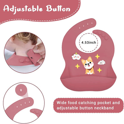 9PCS Silicone Feeding Set for Baby Led Weaning - Non Toxic Food Grade Suction Plates & Bowls, Soft Silicone Bibs with Pocket, Self Feeding Spoons & Utensils for 6-36 Months Infants Toddlers, Dishwashe