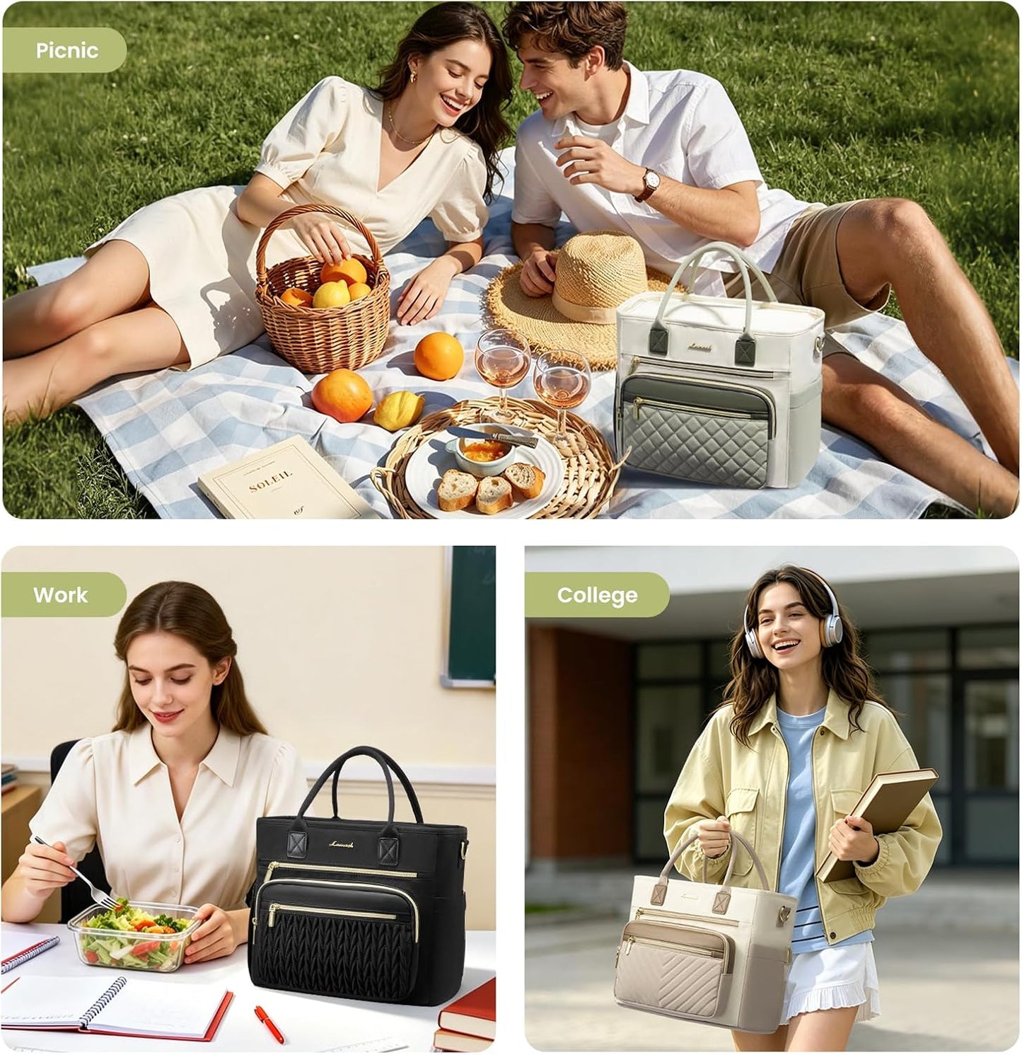 Insulated Lunch Box for Women,Large Adult Lunch Cooler Bag Women | Wide Opening Leakproof Cooler Bag with Cup Holder,Lunch Teacher Tote Bag for Work,Picnic,Beach,Family,College,Gift,13L - Colors A