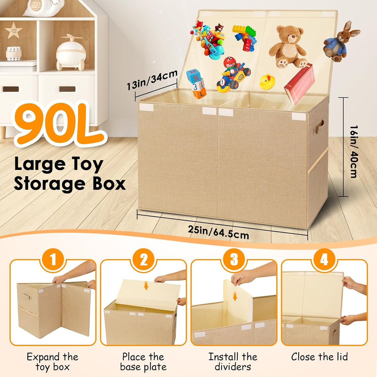 Large Toy Storage Box with Lid Upgraded Toy Chest Organizer with Removable PP Divider Foldable Toy Bin for Kids Boys Girls Linen Fabric Toy Box for Playroom Nursery Bedroom (25"x13"x16")